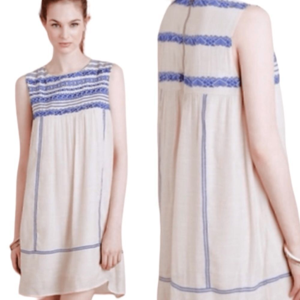 Anthropologie x Vanessa Virginia Cream & Blue Embroidered Shift Dress Size S